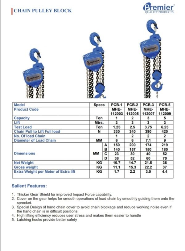 PREMIER Chain Pulley Block Capacity 2 Ton Double Fall Lift 3Mtr Long ...